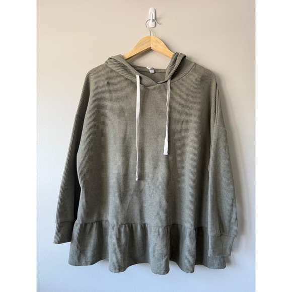 Wishlist Tops - Wishlist Hoodie Large Sage Green Waffle‎ Knit Ruffle Peplum Oversized Thermal